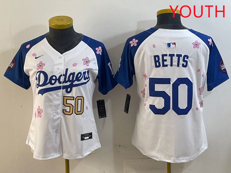 Youth Los Angeles Dodgers #50 Betts White Blue Sakura Edition 2025 Nike MLB Jersey style 6->youth mlb jersey->Youth Jersey